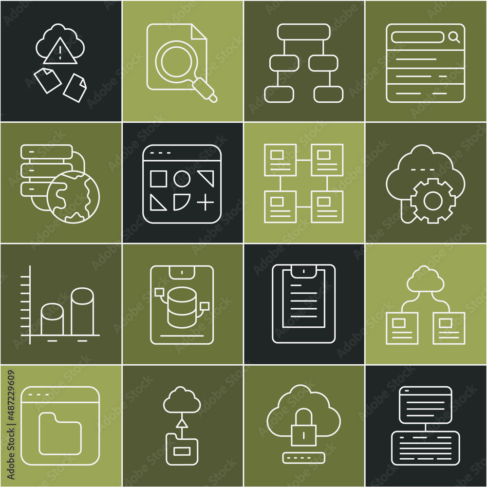 Set line Server, Data, Web Hosting, Cloud technology data transfer, Hierarchy organogram chart, Diff