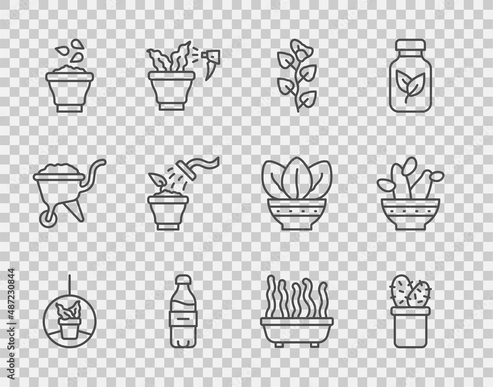 Set line Plant in hanging pot, Cactus peyote, Ivy branch, Bottle of water, Seeds bowl, Spraying plan