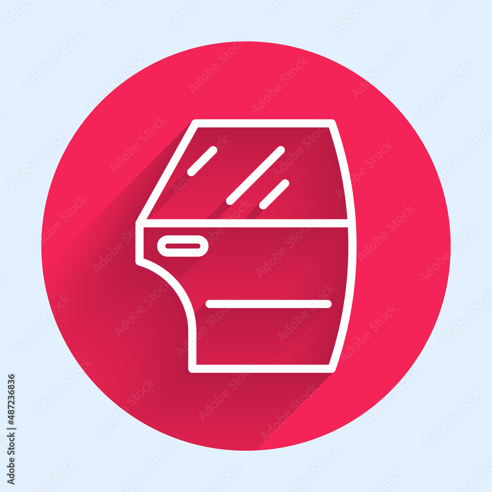 White line Car door icon isolated with long shadow background. Red circle button. Vector