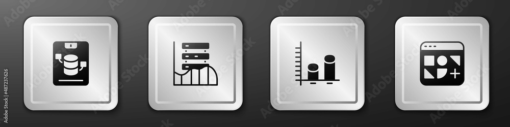 设置服务器、数据、Web主机、分析和不同文件图标。银色方形按钮。矢量