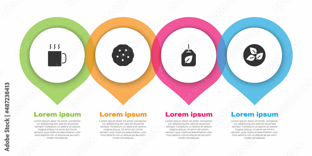 设置一杯茶、饼干或饼干、茶叶袋和。商业信息图模板。矢量