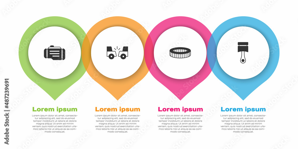 设置检查发动机、车祸、空气滤清器和发动机活塞。商业信息图模板。矢量