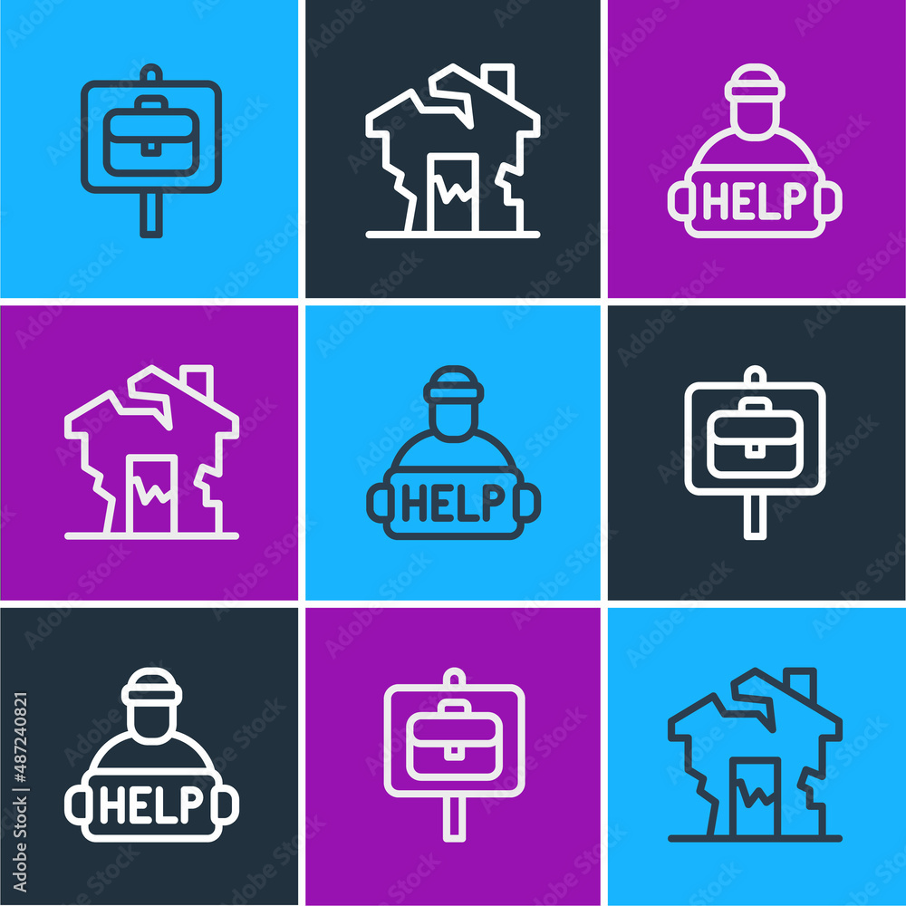 Set line Work search, Help homeless and Ruined house icon. Vector