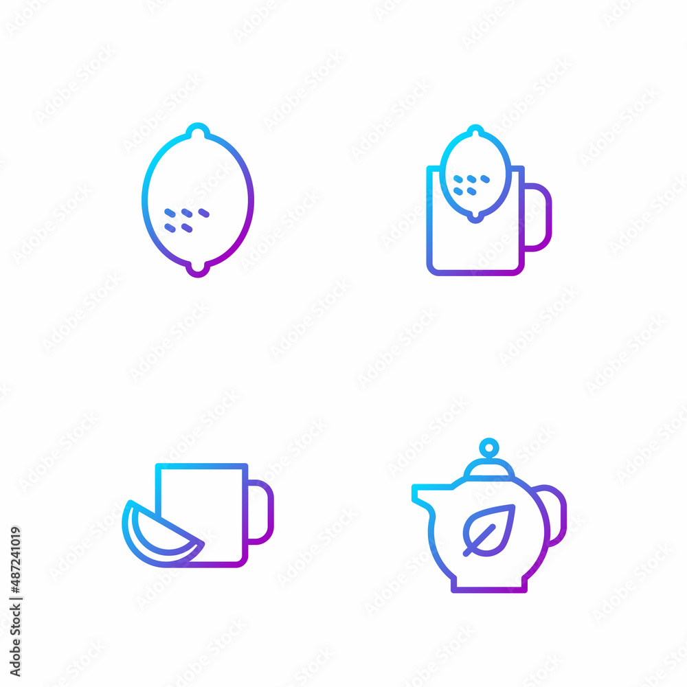 Set line Teapot with leaf, Cup of tea lemon, Lemon and . Gradient color icons. Vector