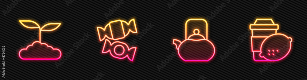 Set line Kettle with handle, Tea leaf, Candy and Cup of tea lemon. Glowing neon icon. Vector