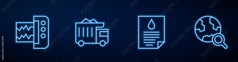 Set line Oil drop document, Seismograph, Mining dump truck and Magnifying glass with globe. Glowing 