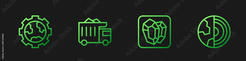 Set line Gem stone, Gear wheels and earth, Mining dump truck and Earth core structure crust. Gradien