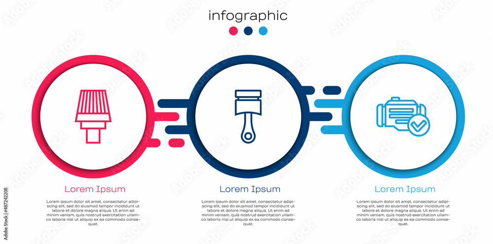 设置汽车空气滤清器、发动机活塞和检查发动机。商业信息图模板。矢量