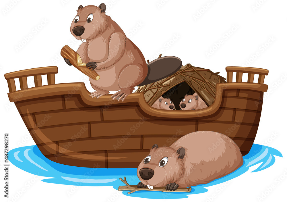 Beavers on wooden boat in cartoon style