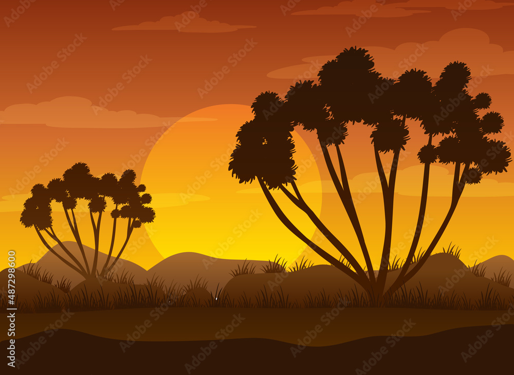 Silhouette savanna forest at sunset time