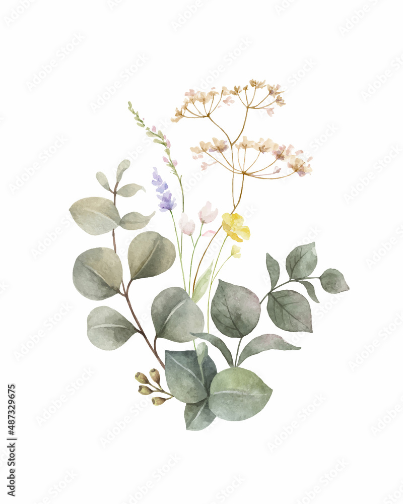 Watercolor vector green eucalyptus and meadow flowers arrangement.