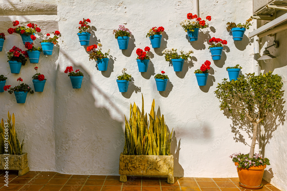 fragment of white wall and blue flower pots