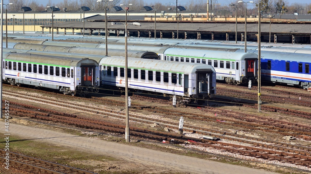 View of passenger trains at the railway depot 