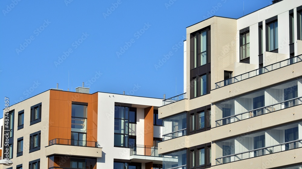 Abstract architecture, fragment of modern urban geometry,. Modern apartment building on a sunny day 