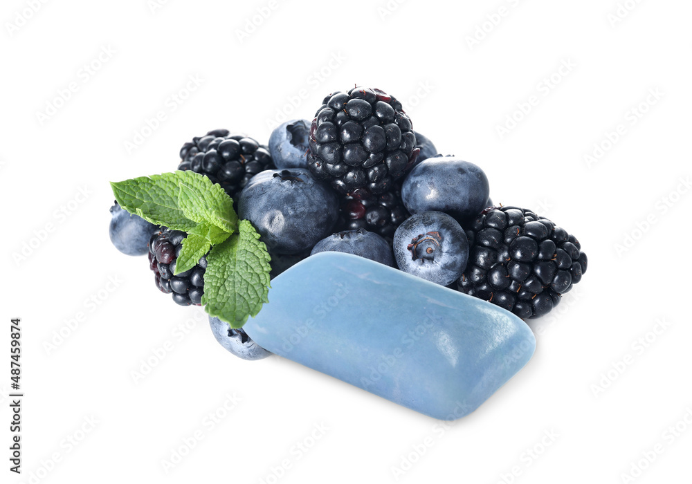 Tasty berry chewing gum on white background