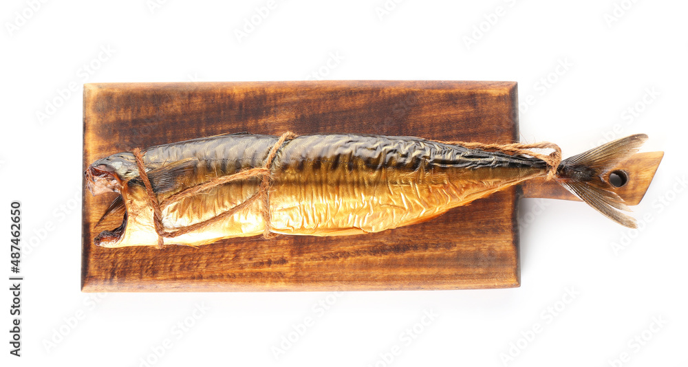 Wooden board with tasty smoked mackerel fish on white background