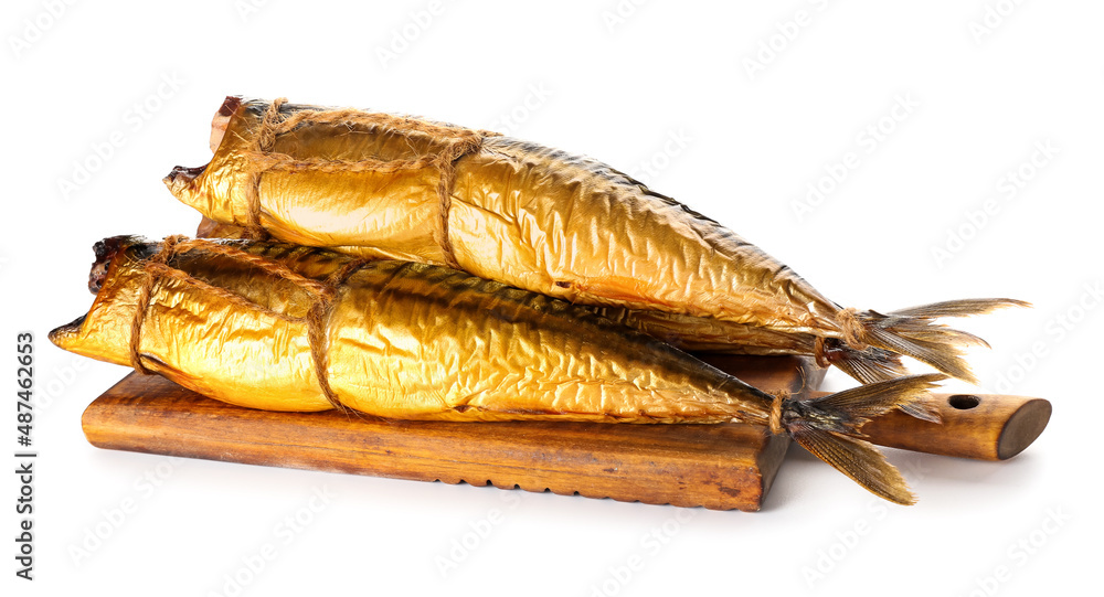 Wooden board with tasty smoked mackerel fishes on white background