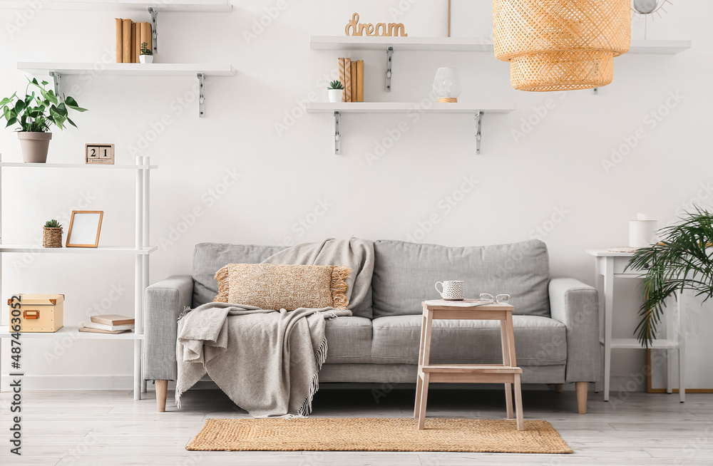 Interior of light living room with comfortable sofa, shelves and wicker carpet