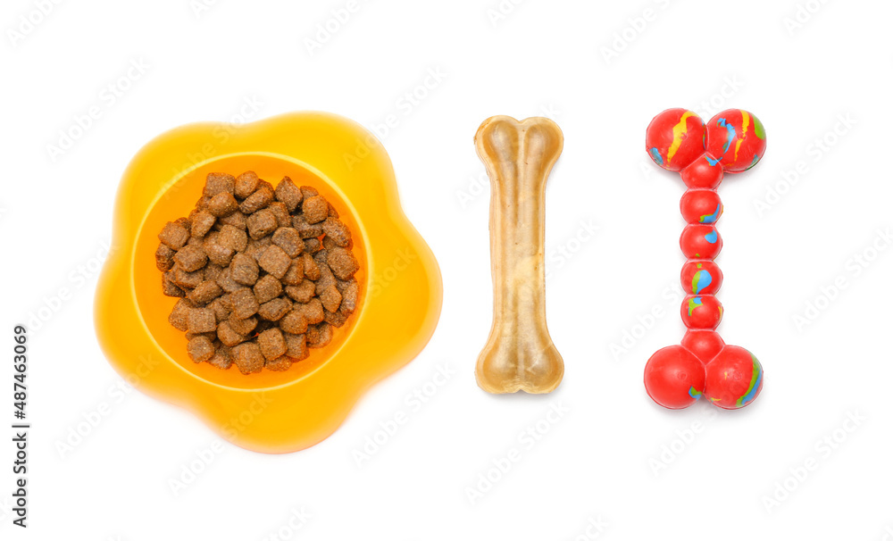 Bowl of pet food, chew bone and rubber toy on white background