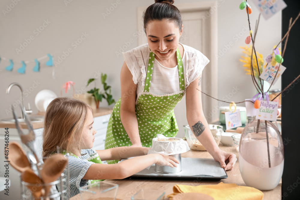 Little girl with her mother preparing Easter cake in kitchen