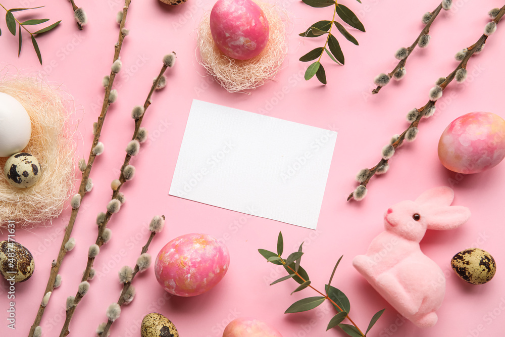 Beautiful Easter composition with blank card, pussy willow branches and eggs on pink background