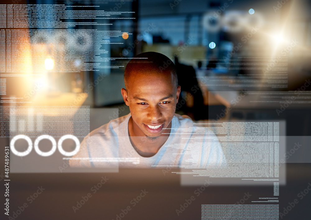 I make the impossible seem possible. Shot of a programmer working on a computer code at night.