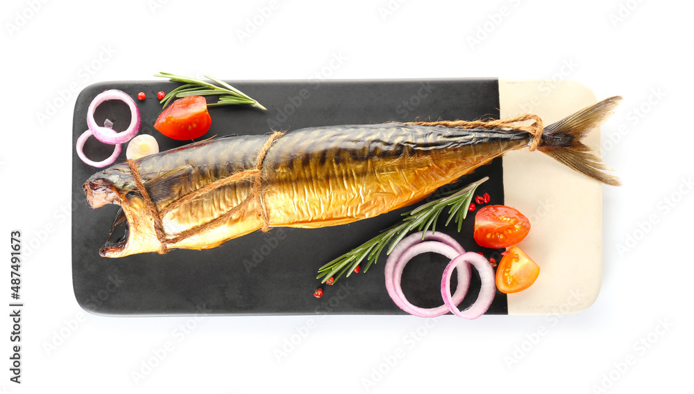 Board with tasty smoked mackerel fish on white background