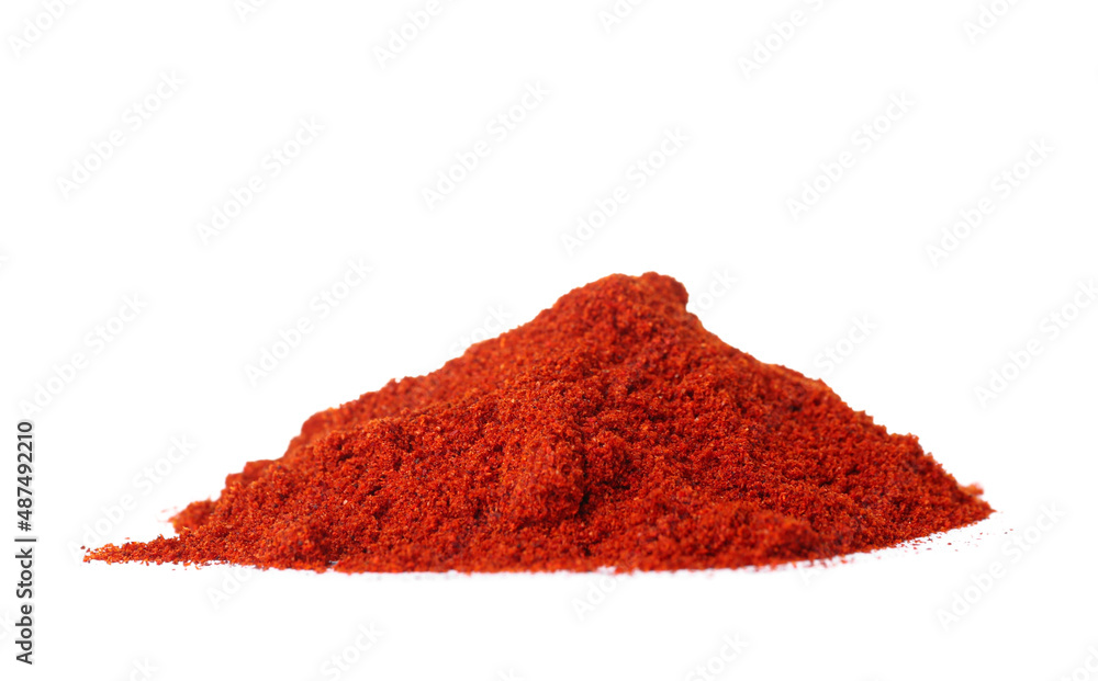 Heap of aromatic paprika powder on white background