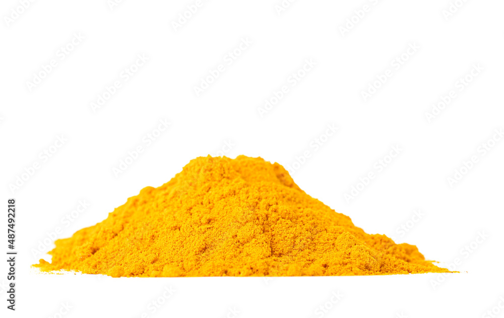 Heap of aromatic turmeric powder isolated on white background