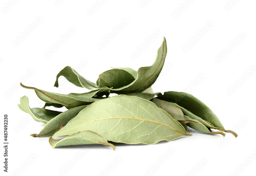 Heap of bay leaves on white background