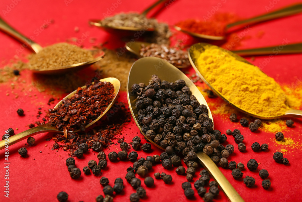 Composition with spoons of different spices on red background, closeup