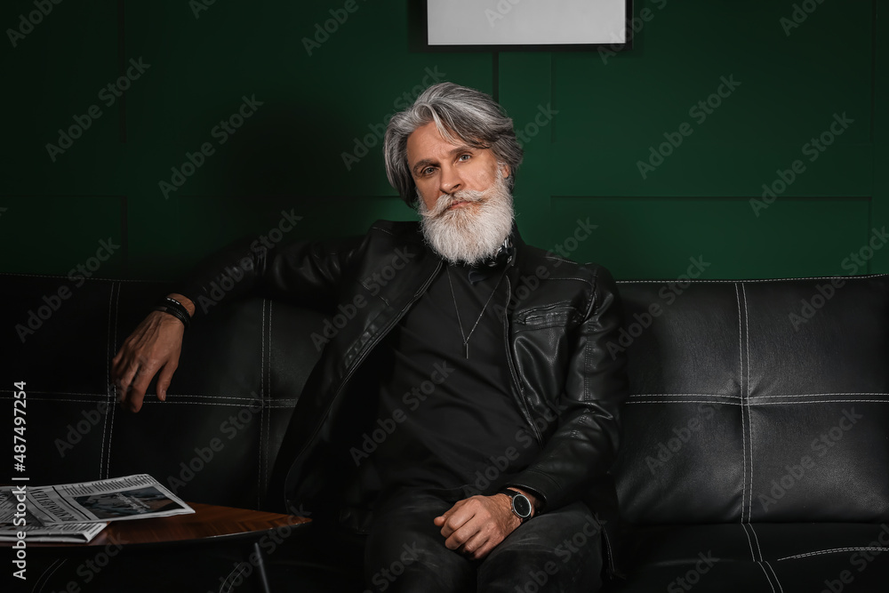 Portrait of handsome mature bearded man sitting on sofa at home