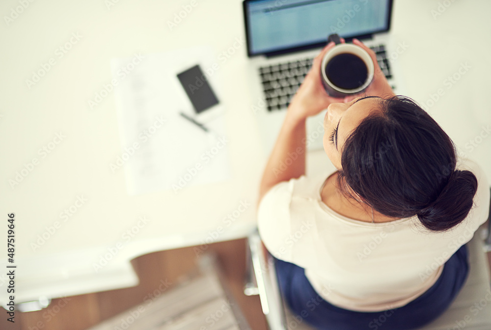 Taking a coffee break. High angle shot of a young businesswoman working on her laptop at home.