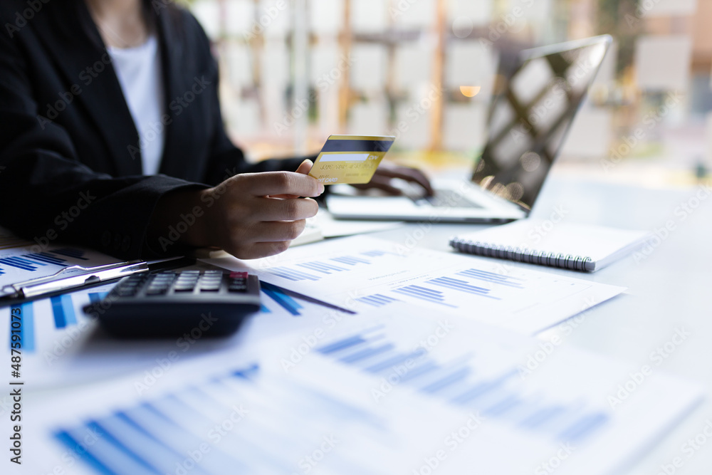 Accounting Concepts and Financial Planning. Businesswoman holding credit card using laptop to analyz