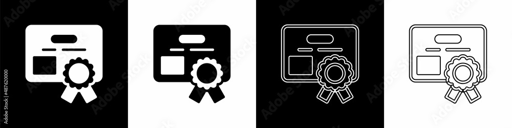 设置隔离在黑白背景上的证书模板图标。成就、奖项、学位、gr