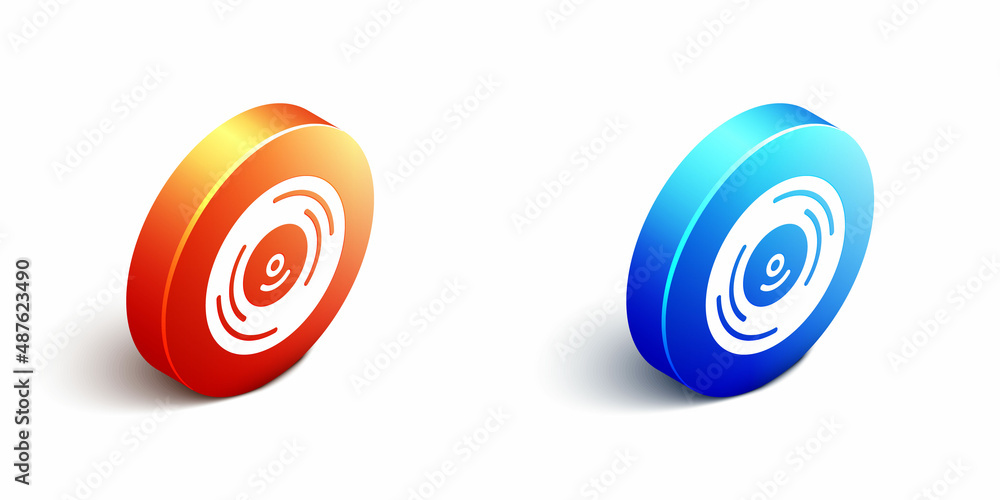 Isometric Vinyl disk icon isolated on white background. Orange and blue circle button. Vector