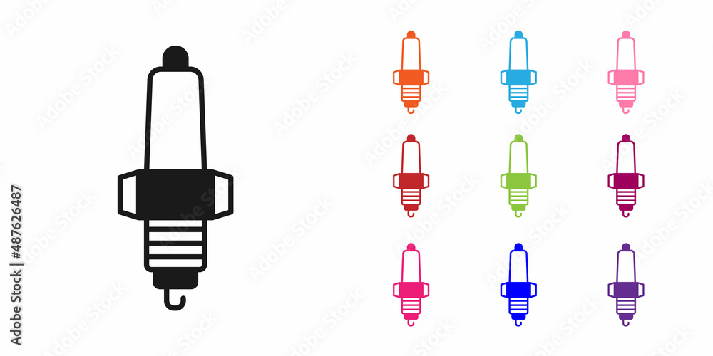 Black Car spark plug icon isolated on white background. Car electric candle. Set icons colorful. Vec