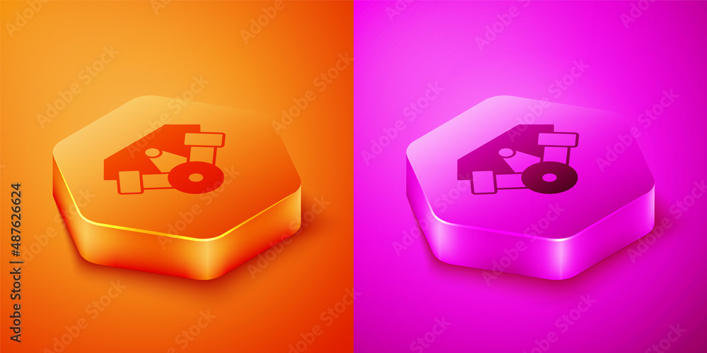 Isometric Power car engine icon isolated on orange and pink background. Hexagon button. Vector