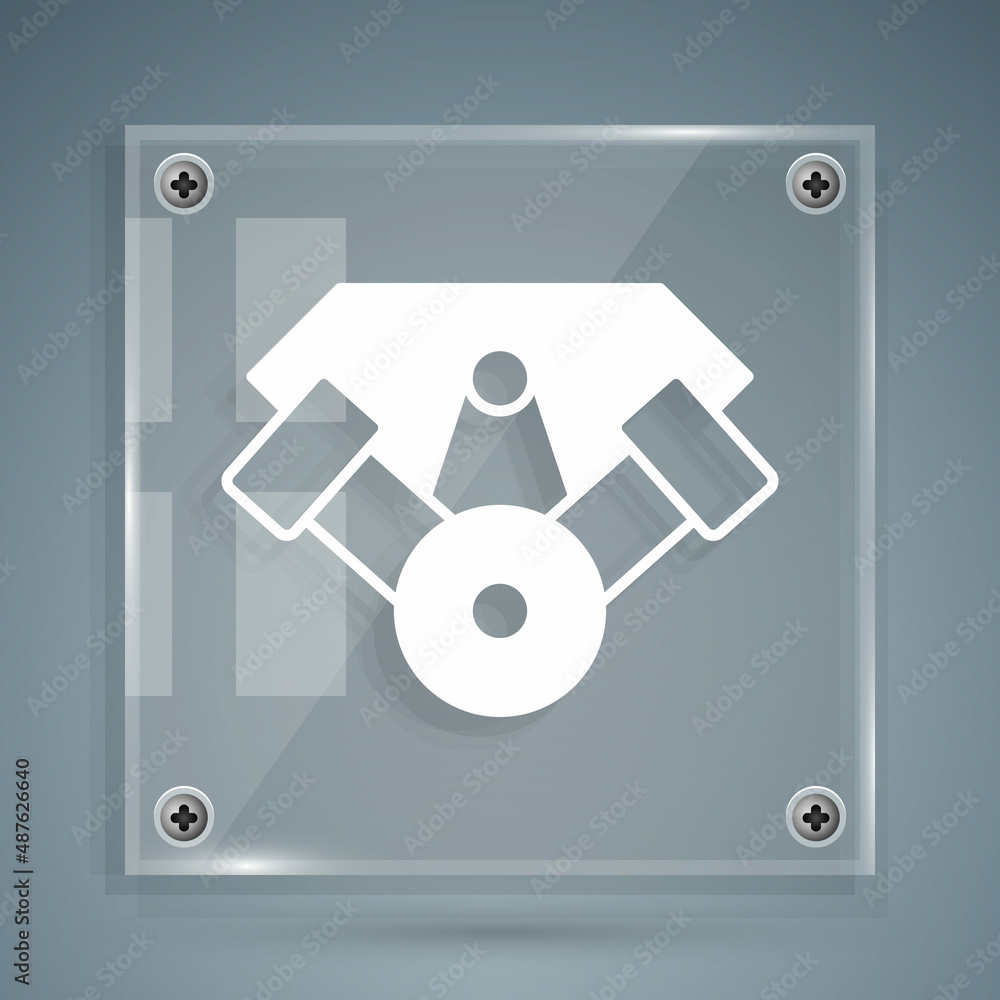 White Power car engine icon isolated on grey background. Square glass panels. Vector