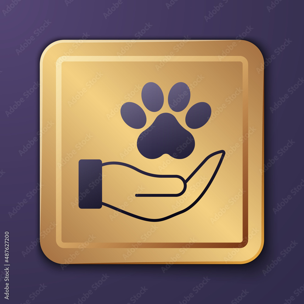 Purple Hands with animals footprint icon isolated on purple background. Pet paw in heart. Love to th