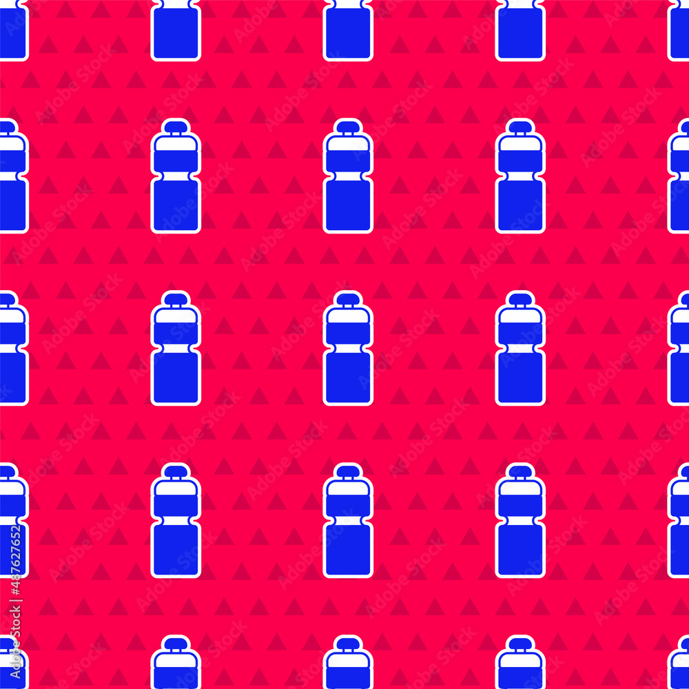 Blue Fitness shaker icon isolated seamless pattern on red background. Sports shaker bottle with lid 