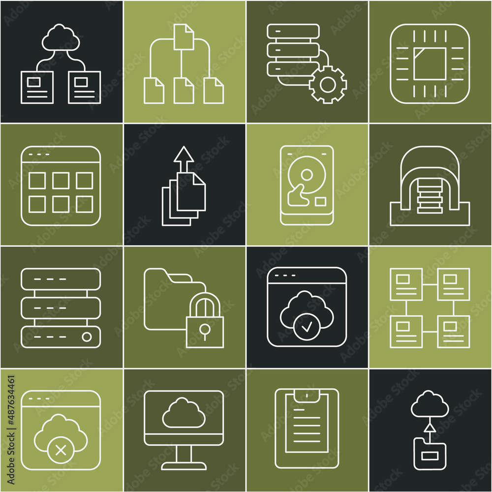 Set line Cloud technology data transfer, Hierarchy organogram chart, Hangar with servers, Server and