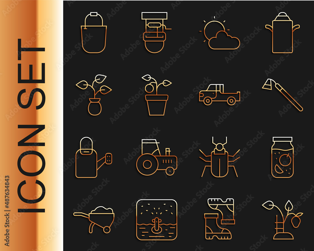 Set line Strawberry bush, Jam jar, Garden hoe, Sun and cloud weather, Plant in pot, Bucket and Picku