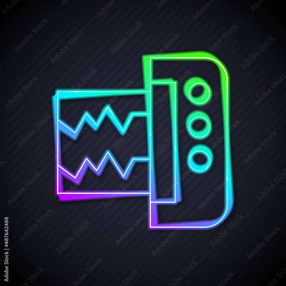黑色背景上隔离的发光霓虹线地震仪图标。地震模拟地震仪。Vect