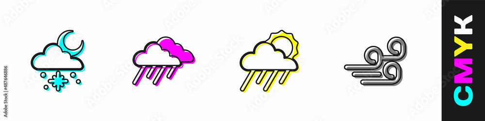 Set Cloud with snow and sun, rain, and Windy weather icon. Vector