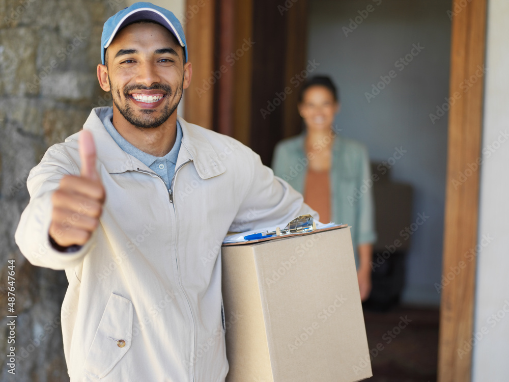 You can count on us to get your packages delivered. Portrait of a smiling young courier giving a thu