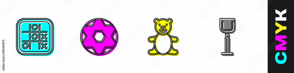 Set Tic tac toe game, Soccer football ball, Teddy bear plush toy and Shovel icon. Vector