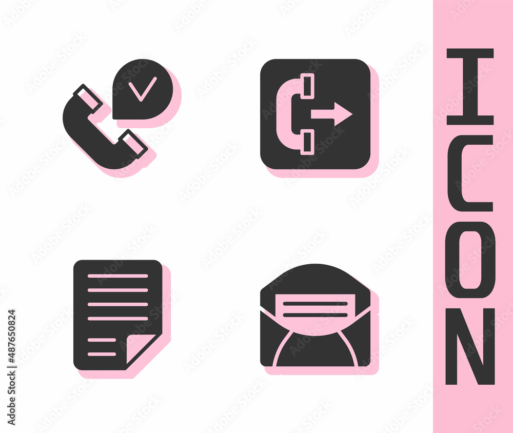 Set Mail and e-mail, Telephone handset, File document and Outgoing call icon. Vector