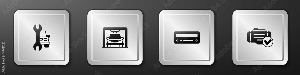 Set Car service, wash, audio and Check engine icon. Silver square button. Vector