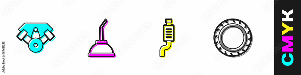 Set Power car engine, Canister for motor machine oil, Car muffler and tire wheel icon. Vector